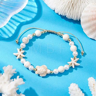 Starfish & Turtle Synthetic Magnesite Braided Bead Bracelets BJEW-JB11047-02-1