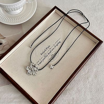 Alloy Resin Flower Pendant Black Waxed Cord Adjustable Long Necklaces for Women WG1FF70-01-1