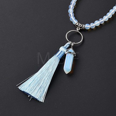 Opalite Bullet & Tassel Pendant Necklace with Mixed Gemstone Beaded Chains NJEW-E585-02F-1