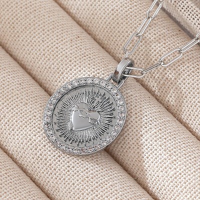 Brass Micro Pave Clear Cubic Zirconia Flat Round Sacred Heart of Jesus Pendant Paperclip Chain Necklaces for Women WG5017F-02-1