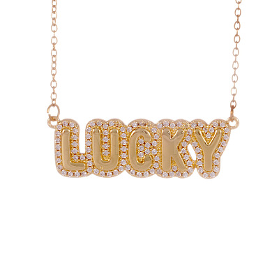 Brass Micro Pave Clear Cubic Zirconia Bubble Word LUCKY Pendant Necklaces FS-WGCB7F4-01-1