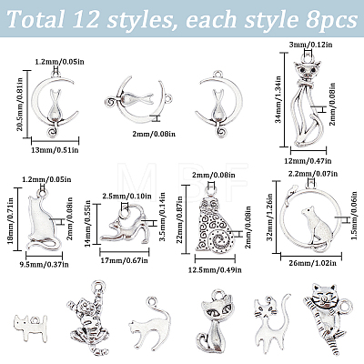 SUNNYCLUE 96Pcs 12 Styles Tibetan Style Alloy Kitten Pendants FIND-SC0007-17-1