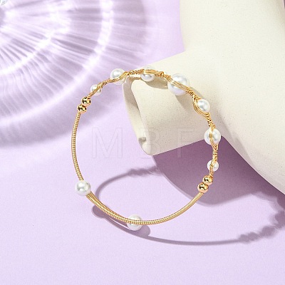 Herringbone Wire-Wrapped Shell Pearl Brass Cuff Bangles BJEW-JB14036-1