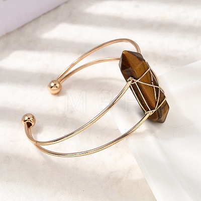 Brass Wire Wrapped Natural Tiger Eye Hexagon Point Cuff Bangles for Women BJEW-L719-01G-03-1