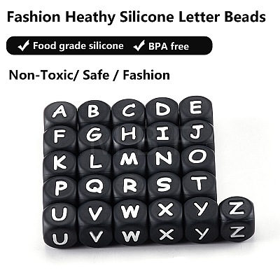 20Pcs Black Cube Letter Silicone Beads 12x12x12mm Square Dice Alphabet Beads with 2mm Hole Spacer Loose Letter Beads for Bracelet Necklace Jewelry Making JX433K-1