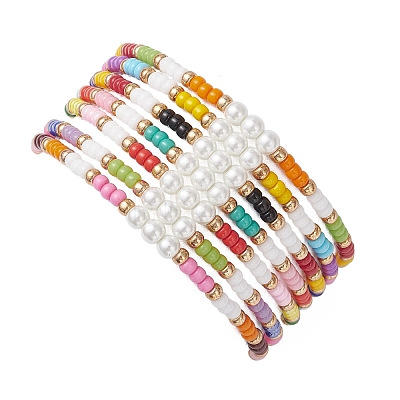7Pcs Glass Seed Beads Stretch Bracelets for Women BJEW-MZ00280-1