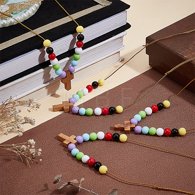 Wood Cross with Acrylic Beaded Pendant Necklaces for Women NJEW-AB00014-1