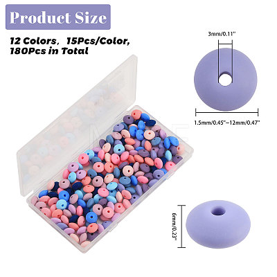 CHGCRAFT 180Pcs 12 Colors Rondelle Food Grade Eco-Friendly Silicone Abacus Beads SIL-CA0003-18-1