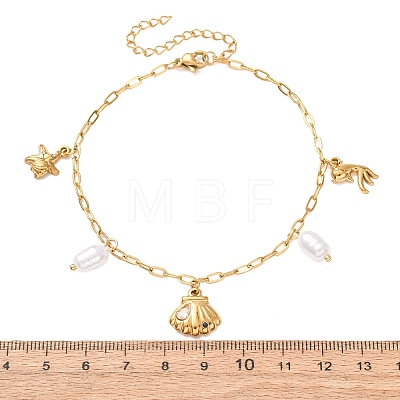 Ocean 304 Stainless Steel and Imitation Pearl Charm Anklets for Women SA-CBA3D94-04D-G-1