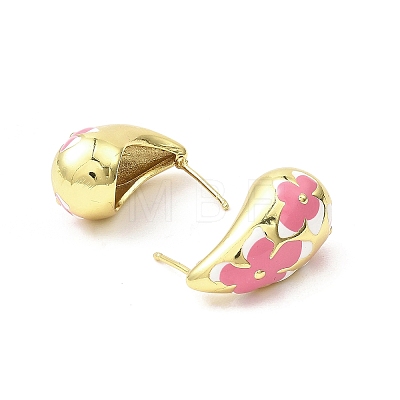 Teardrop with Flower Real 18K Gold Plated Brass Enamel Stud Earrings EJEW-L270-013G-04-1