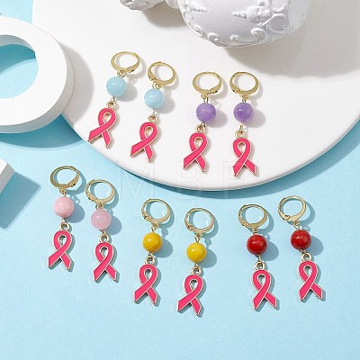 October Breast Cancer Pink Awareness Ribbon Alloy Enamel Leverback Earrings EJEW-JE05668-1