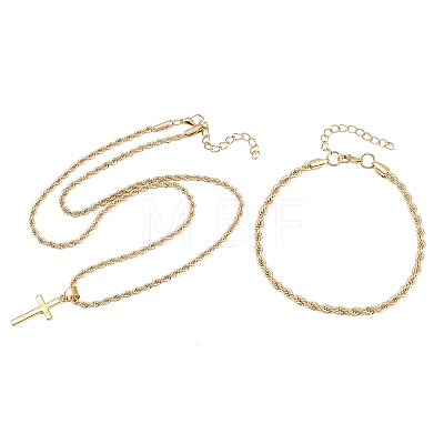 Alloy Cross Pendant Necklaces & Chain Bracelets Sets for Women SJEW-A002-01G-1