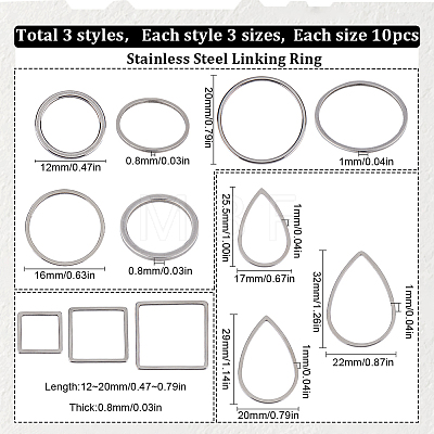 SUNNYCLUE 90Pcs 9 Style 201 & 304 Stainless Steel Linking Ring STAS-SC0007-35-1