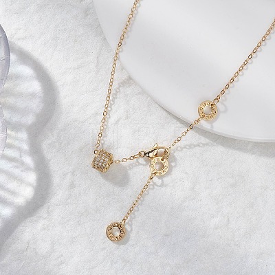 Brass Micro Pave Clear Cubic Zirconia Column Bead and Love Disc Pendant Cable Chain Necklaces NJEW-JN05768-1