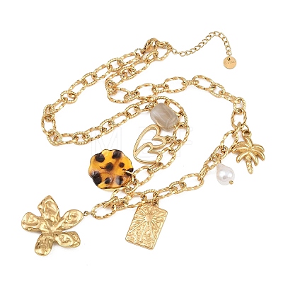 304 Stainless Steel & Resin & Imitation Pearl Multi-Pendant Bib Necklaces for Women SA-CBA717A-02G-01-1