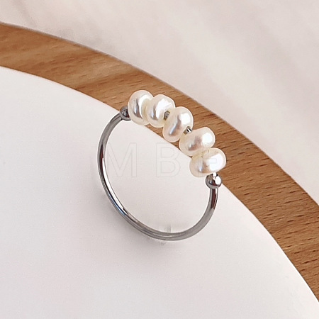 304 Stainless Steel with Natural Baroque Pearl Rondelle Beaded Finger Rings FS-WG39983-05-1