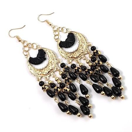 Bohemian Style Alloy Resin Moon with Teardrop Tassel Dangle Earrings FS-WG624F3-04-1