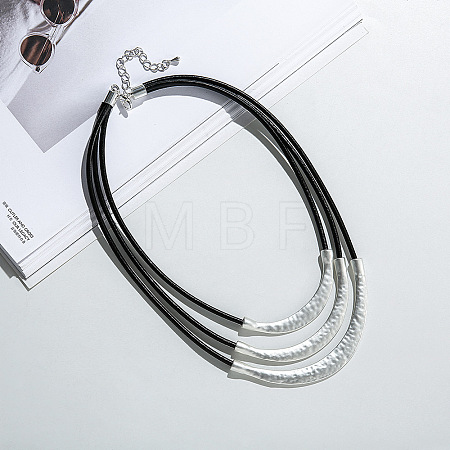 Alloy Curved Tube Black Cowhide Cord 3 Layer Necklaces for Women FS-WG33DA7-01-1