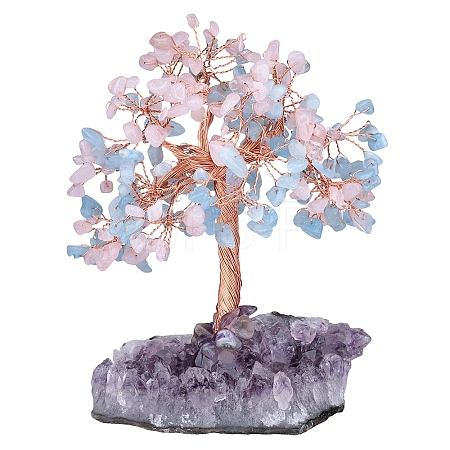 Natural Rose Quartz & Aquamarine Chips Tree of Life Decorations DJEW-PW0013-44D-1