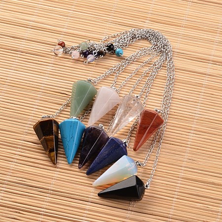 Platinum Tone Brass Natural & Synthetic Mixed Stone Cone Hexagonal Pointed Dowsing Pendulums MAK-M015-01-1