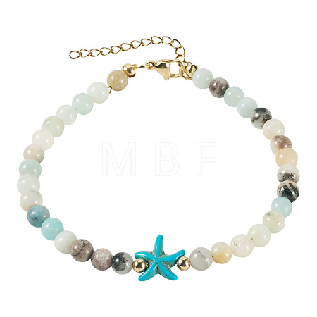 Ocean Dyed Synthetic Turquoise Starfish and Natural Flower Amazonite Round Beaded Anklets for Women AJEW-TA00060-1