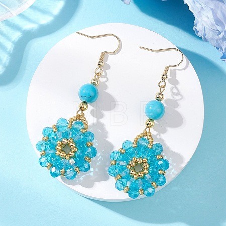 Flower Glass Seed Beads &  Synthetic Turquoise Dangle Earrings EJEW-MZ00697-01-1