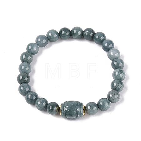 Natural Myanmar Jade Round and Carved Barrel Beaded Stretch Bracelets BJEW-Q100-04-1