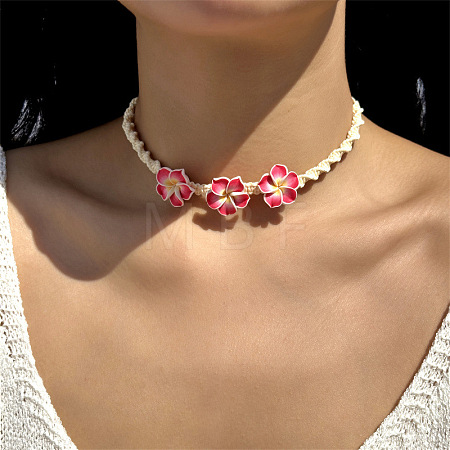 Adjustable Summer Beach Triple Polymer Clay Flower Twisted Braided Waxed Cord Choker Necklaces for women WG58561-01-1