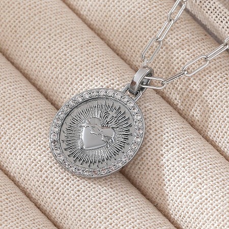 Brass Micro Pave Clear Cubic Zirconia Flat Round Sacred Heart of Jesus Pendant Paperclip Chain Necklaces for Women WG5017F-02-1