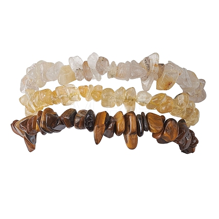 3Pcs Natural Citrine & Natural Tiger Eye & Natural Gold Rutilated Quartz Chip Beaded Stretch Bracelet Sets BJEW-JB10863-1