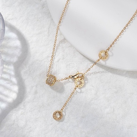 Brass Micro Pave Clear Cubic Zirconia Column Bead and Love Disc Pendant Cable Chain Necklaces NJEW-JN05768-1