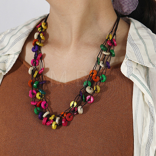 Ethnic Style Dyed Coconut Disc Beaded 3 Layer Necklaces for Women WG6DEC1-01-1