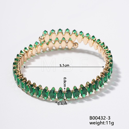 Elegant Brass Pave Green Cubic Zirconia Rhombus Open Cuff Bracelet for Women KX4249-3-1