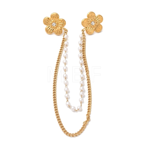 304 Stainless Steel Pave Clear Cubic Zirconia & ABS Pearl Flower Hanging Chain Brooch JEWB-S021-05G-1