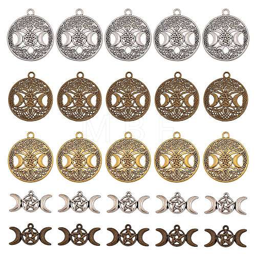 50Pcs 5 Style Tibetan Style Hollow Alloy Pendants TIBEP-SZ0001-14-1