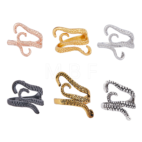 6Pcs 6 Style Alloy Octopus Tentacle Open Cuff Rings Set RJEW-FH0001-01-1