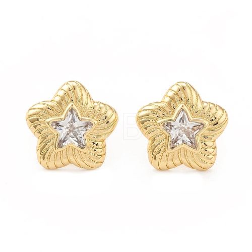 Clear Cubic Zirconia Star Stud Earrings EJEW-L231-73G-1