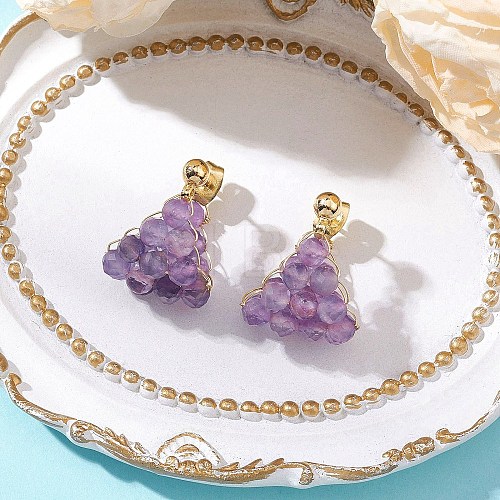 Round Brass Natural Amethyst Hoop Earrings EJEW-TA00620-02-1