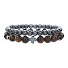 Round Natural Tiger Eye & Synthetic Non-magnetic Hematite Beaded Stretch Bracelet Sets WC8951-3-1
