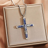 304 Stainless Steel with Natural Sodalite Religion Cross Pendant Necklaces FS-WG3F108-10-1