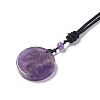 Natural Amethyst Flat Round with Tree of Life Pendant Necklace with Nylon Cord for Women NJEW-P274-03-02-4