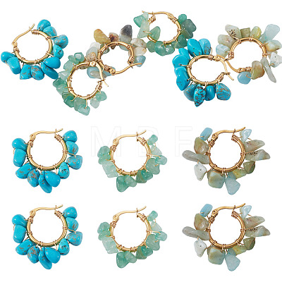 3 Pairs 3 Styles Natural Gemstone Chips Braided Hoop Earrings EJEW-TADJ00004-1