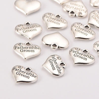 Wedding Theme Antique Silver Tone Tibetan Style Heart with Father of the Groom Rhinestone Charms X-TIBEP-N005-13D-1