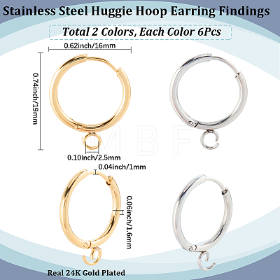 12Pcs 2 Colors 201 Stainless Steel Huggie Hoop Earring Findings STAS-SC0010-29-1