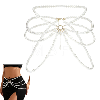1Pc Plastic Round Imitation Pearl Beaded Tassel Waist Chains for Women AJEW-ME0003-16-1