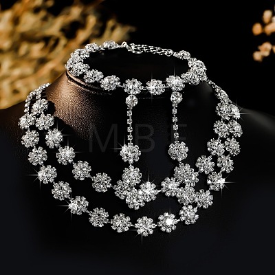 Flower Alloy Rhinestone Chain Double Layer Necklaces & Stud Dangle Earrings & Bracelets Sets FS-WG0F210-01-1