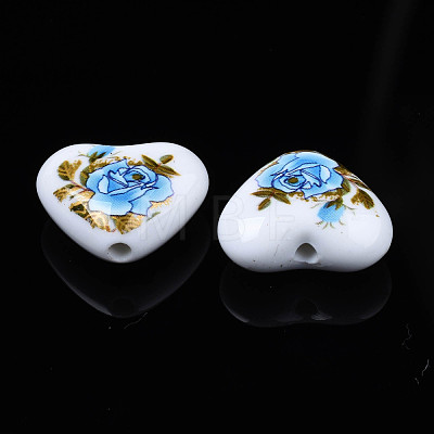 Flower Printed Opaque Acrylic Heart Beads SACR-S305-28-F02-1