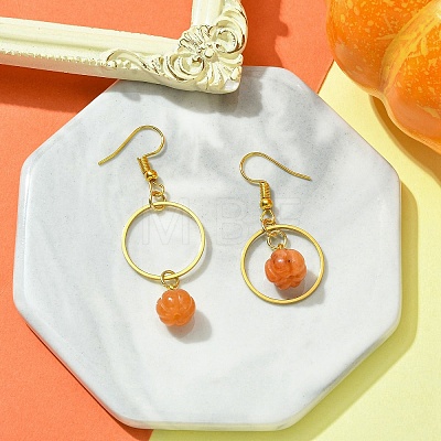 Natural Red Aventurine Pumpkin with Ring Dangle Earrings EJEW-JE05509-01-1