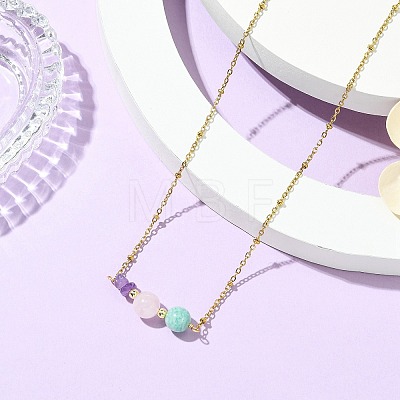 Round Natural Amazonite & Madagascar Rose Quartz & Chip Natural Amethyst Beaded Pendant 304 Stainless Steel Satellite Chain Necklaces for Women NJEW-JN06158-02-1