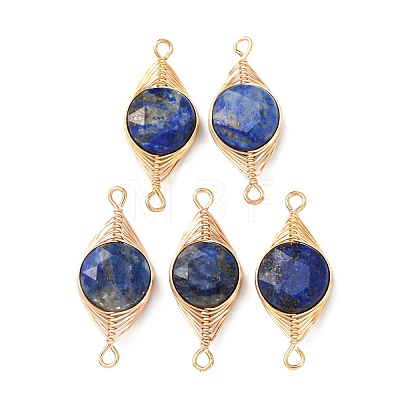 Natural Lapis Lazuli Faceted Hexagonal Cut Flat Round Links Connector Charms with Copper Herringbone Wire-Wrapped KK-Z152-07G-02-1